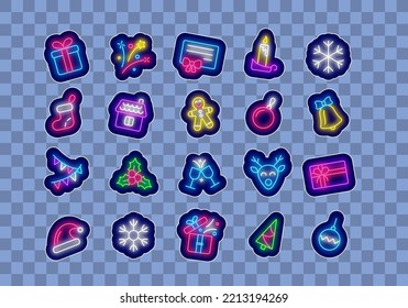 Merry Christmas and Happy New Year neon stickers collection. Gingerbread man and deer. Xmas tree, bell and present. Season winter decoration. Light labels set on brick wall. Vector stock illustration