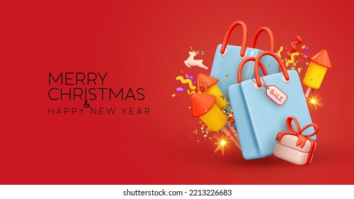 Merry Christmas and Happy New Year. Colorful bright realistic 3d holiday object design, shopping bag, gift box, rocket cartoon firework. Promo sale, advertising banner, web poster. Vector illustration