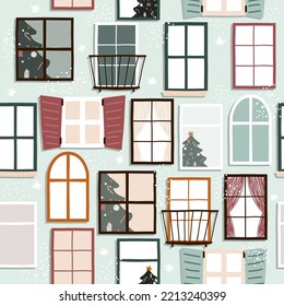 Merry Christmas and Happy New Year seamless pattern. Cute winter print with windows. Vector hand drawn illustration.