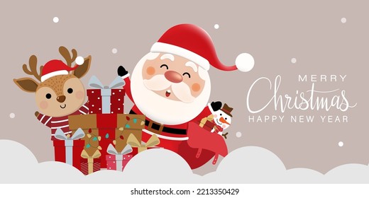 Merry Christmas and happy new year 2023 greeting card with cute Santa Claus, deer and snowman. Holiday cartoon character in winter season. -Vector.