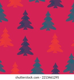 Merry Christmas, Happy New Year seamless pattern with Christmas trees for greeting cards, wrapping paper.  Doodles. Seamless colorful winter pattern on black background. Vector illustration.