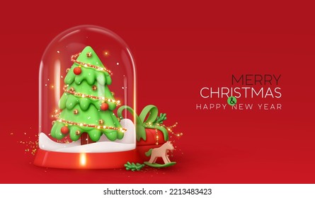 Merry Christmas And Happy New Year. Christmas Winter Snow Glass Ball, Transparent Dome. Realistic 3d Design Xmas Green Tree In Snow, Gift Box, Wood Horse, Decoration Light Garland. Vector Illustration