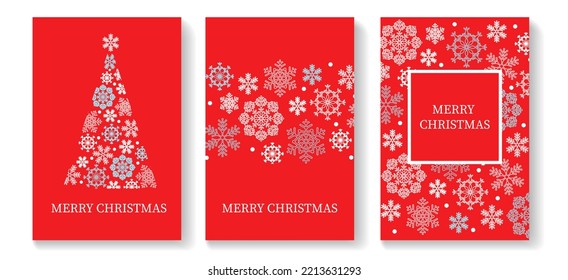 Merry Christmas and Happy New Year Set of greeting cards, posters, holiday covers. Xmas Design with beautiful snowflakes in modern line art style on red background. Christmas tree, border frame.