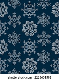 Merry Christmas and Happy New Year festive seamless pattern design. Winter dark blue background with falling snowflakes. Xmas decoration. Vector illustration.