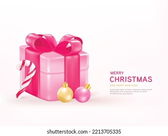 Merry christmas and Happy New Year. Christmas 3d vector with a gift box, christmas tree and decoration. Winter holiday composition. Greeting card, banner, web poster.