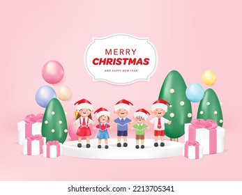 Merry christmas and happy new year cute character singing christmas carol song. 3D cartoon kid celebrating gifts in Merry Christmas and happy new year.