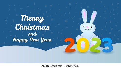 Merry Christmas and Happy New Year 2023 greeting card with rabbit in cartoon style. Vector illustration