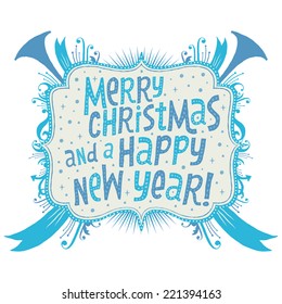 Merry Christmas and Happy New Year Greeting card with hand lettering typography. Isolated vector on white background.
