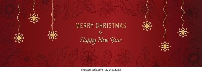 Merry Christmas and Happy New Year, Winter holidays background with flowers, leaves, and snowflakes. Floral Banner or flyer with golden stars. Happy new year greeting. Website header promotion graphic