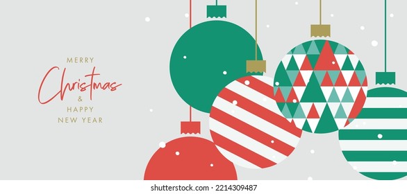 Merry Christmas and Happy New Year banner, greeting card, poster, holiday cover, header. Modern Xmas design with triangle firs pattern in green, red, white colors. Christmas tree and balls decoration - Shutterstock ID 2214309487