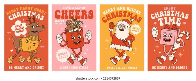 Merry Christmas and Happy New year. Santa Claus, reindeer, cocoa, gift in trendy retro cartoon style. Greeting cards, template, posters, prints, party invitations and backgrounds. Red and pink colors.