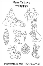 Merry Christmas and Happy New Year greeting card. Black and white vector illustration for coloring book. Hare, kangaroo, koala, sock, rabbit, santa and tree are here. 