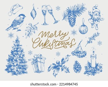 Merry Christmas. Happy New Year, 2023. Typography set. Vector logo, emblems, text design. Usable for banners, greeting cards, gifts etc.