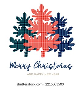 Merry Christmas and happy new year. Christmas trees with plaid pattern. Handwritten holidays quotes. Vector Illustration for printing, tshirts, cards, posters, stickers