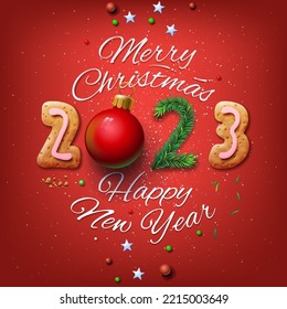 Merry Christmas and Happy New Year 2023 greeting card, vector illustration.