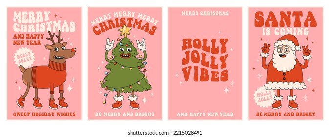 Merry Christmas and Happy New year. Santa Claus, Christmas tree, reindeer, holly jolly vibes in trendy retro cartoon style. Greeting cards, posters, prints, party invitations. Red and pink colors.