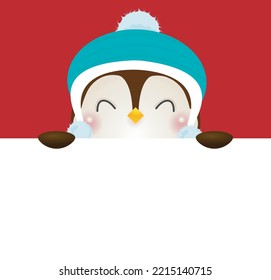 Merry Christmas and Happy new year poster, cheerful of penguin wearing christmas hats holding big sign board in Christmas snow scene winter banner, Xmas holiday party concept isolated background