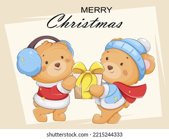 Merry Christmas and Happy New year greeting card. Two cute bears cartoon characters with gift box