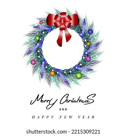 Merry Christmas and Happy New Year wreath Design with Multicolored Christmas balls and Gift bow.Christmas calligraphic lettering.White background. Vector illustration.