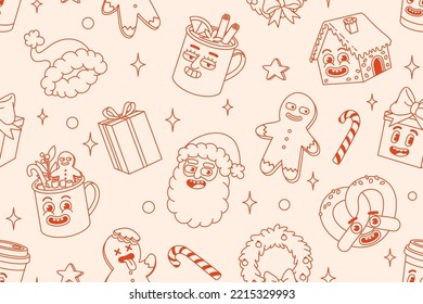 Merry Christmas and Happy New year seamless pattern. Santa Claus, gifts, cocoa, coffee, gingerbread in trendy retro cartoon style. Textile, wrapping paper, wallpaper with funny comic characters.