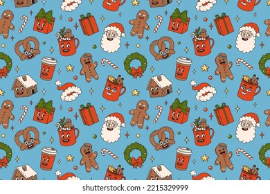 Merry Christmas and Happy New year seamless pattern. Santa Claus, gifts, cocoa, coffee, gingerbread in trendy retro cartoon style. Textile, wrapping paper, wallpaper with funny comic characters.