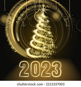 Merry Christmas and Happy New Year 2023, tree gold lights dust decoration, golden blurred magic glow on dark background. Merry Christmas holiday celebration. Vector illustration banner greeting card