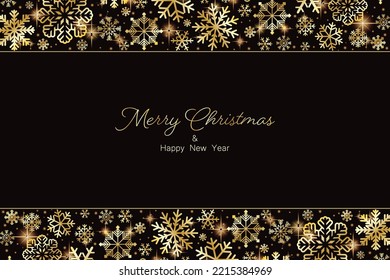 Merry Christmas and Happy New Year greeting card design with golden stars and snowflakes decorated on Christmas background for banner, poster or cards.