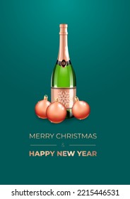 Merry Christmas and Happy New Year vector template. Illustration of a champagne bottle and read Christmas balls on teal background. Vector editable template 10 EPS.