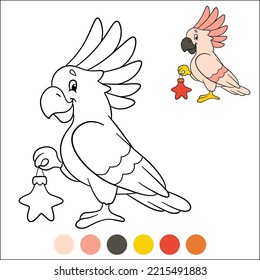 Merry Christmas and Happy New Year coloring page with example and color palette. A cute cockatoo parrot stands, smiles and holds a New Year's toy in its hand.