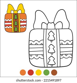 Merry Christmas and Happy New Year coloring page with example and color palette. Little colorful present. Christmas tree toy.