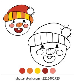 Merry Christmas and Happy New Year coloring page with example and color palette. Little cute boy stands and smiles. Happy new year christmas snowman smiling.