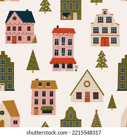 Merry Christmas and Happy New Year seamless pattern with various tiny houses. Modern hand draw illustrations. Colorful contemporary art