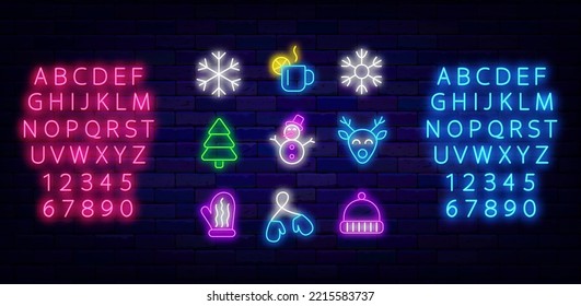 Merry Christmas and Happy New Year neon icons collection. Snowflake and seer. Hot drink, fir tree and mittens. Season winter decoration. Light labels set on brick wall. Vector stock illustration