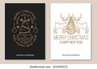 Merry Christmas and Happy New Year flyer, brochure, banner, poster with elk, forest landscape, christmas tree. Vector illustration. Line art design for xmas, new year emblem in retro style