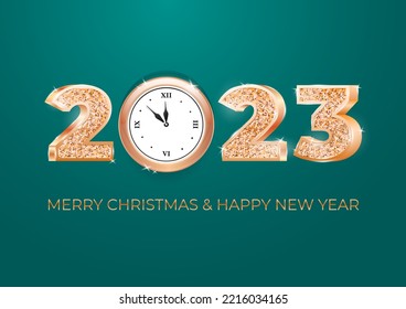 Merry Christmas and Happy New Year 2023 vector template. Gold sparkling 3D numbers and a clock on a teal background. Vector 10 EPS.