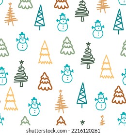 Merry Christmas and happy new year seamless pattern. Holiday winter objects: tree, snowflakes, scandi house, stars.