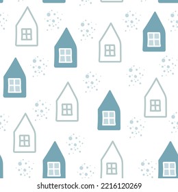 Merry Christmas and happy new year seamless pattern. Holiday winter objects: tree, snowflakes, scandi house, stars.