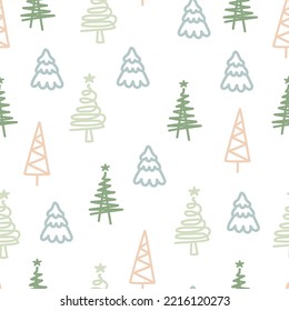 Merry Christmas and happy new year seamless pattern. Holiday winter objects: tree, snowflakes, scandi house, stars.