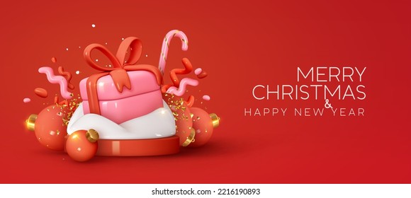 Feliz Navidad y Feliz Año Nuevo. Fondo festivo con un elemento de dibujos animados realistas en 3d. Banner de la web de Navidad roja y rosa, afiche del sitio web, folleto, volante de vacaciones, tarjeta de saludo. Ilustración del vector