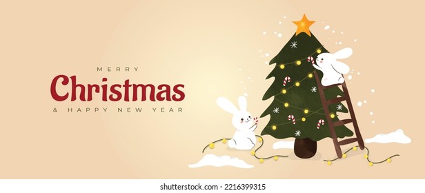 Merry Christmas and Happy new year background vector. Cute winter season wallpaper with christmas tree, rabbits, sparkles, snow. Luxury design for greeting cards, ads, cover, banner, invitation.