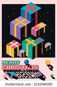 Merry Christmas And Happy New Year Abstract Retro Design Gift Boxes Illustration