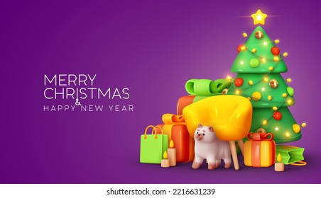 Merry Christmas and Happy New Year festive 3d composition. Holiday background with realistic objects in cartoon style, green bright Christmas tree, gift boxes, yellow armchair. Vector illustration