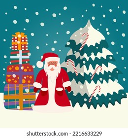 Merry Christmas and Happy New Year 2023 card. Vector Santa Claus. Congratulations of the coming year, colorful cute gifts, candy can, snow.  Famous winter family and children holidays.