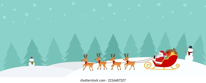 Merry Christmas happy new year banner vector illustration, Santa Claus rides sleigh with present gifts and reindeer in snow landscapes, calibration winter holiday background with space copy for text.