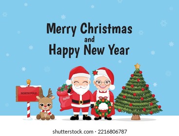 Merry Christmas and Happy New Year Background with Santa Claus holding gift box bag and his Wife holding Christmas wreath and Cute Reindeer Cartoon Character design vector