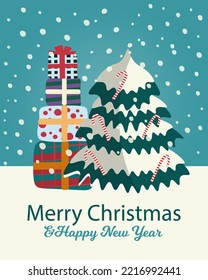 Merry Christmas and Happy New Year 2023 card. Vector  with congratulations of the coming year, colorful cute gifts, candy can, snow, Christmas tree.  Famous winter family and children holidays.