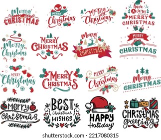 Merry Christmas. Happy New Year, 2022. Typography set. Vector logo, emblems, text design. Usable for banners, greeting cards, gifts etc.