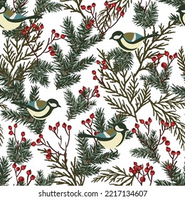 Merry christmas and happy new year seamless pattern with tit birds. Christmas tree, thuja, red berries. Vector illustration