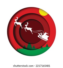 Merry Christmas and Happy New Year Concept Winter landscape in red circle decorated with Christmas tree, moon, reindeer and Santa Claus. Paper art vector illustration.