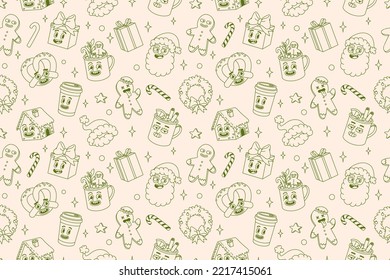 Merry Christmas and Happy New year seamless pattern. Santa Claus, gifts, cocoa, coffee, gingerbread in trendy retro cartoon style. Textile, wrapping paper, wallpaper with funny comic characters.